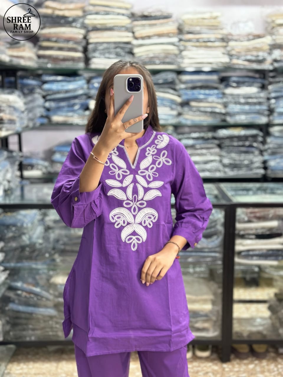 Women's Straight Cotton Purple Co-ord Set with Embroidery