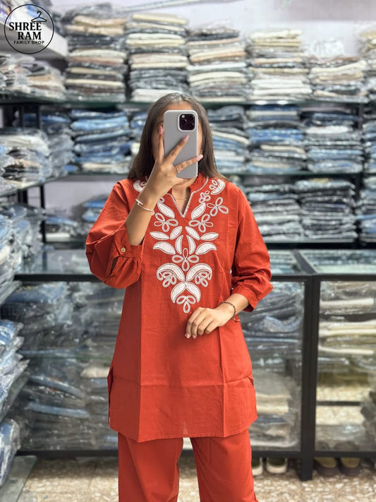 Women's Straight Cotton Rust Co-ord Set with Embroidery