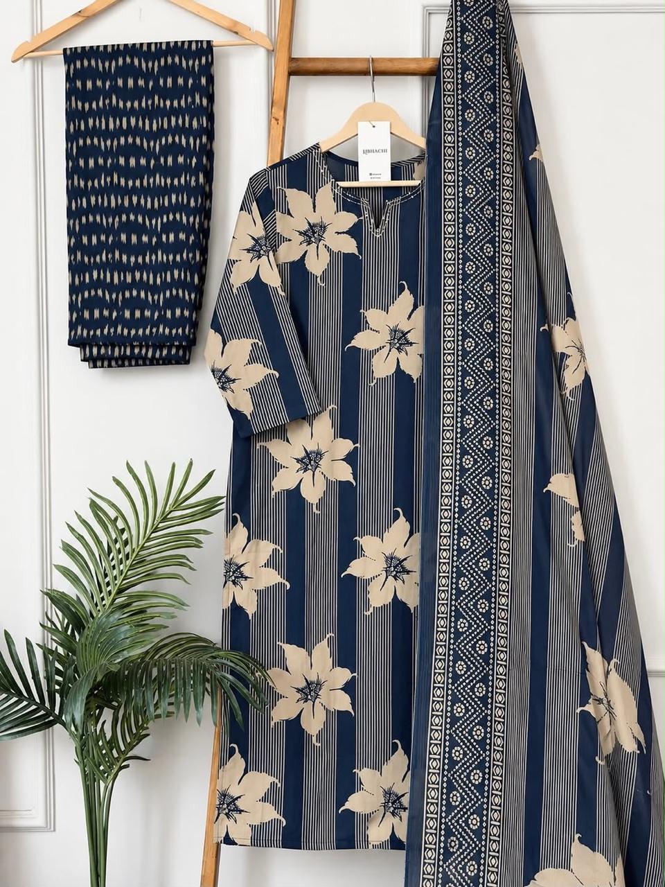 Blue Floral Striped Cotton Kurta Set