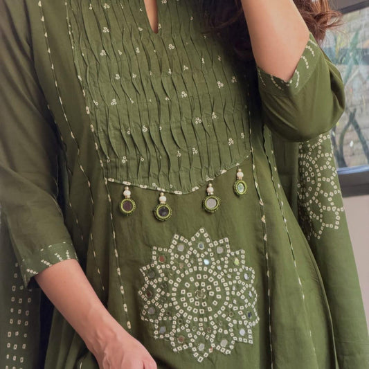 Premium Olive Green Cotton Anarkali Kurta Set