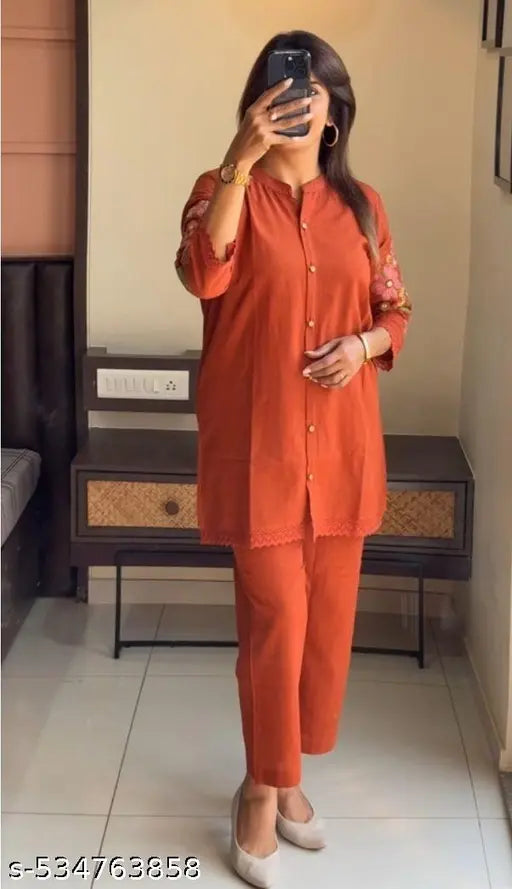 Simple Cotton Rust Embroidered Kurti With Pant