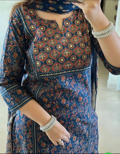 Blue pure Cotton Ajrakh Print Kurta Set For Women & Girls