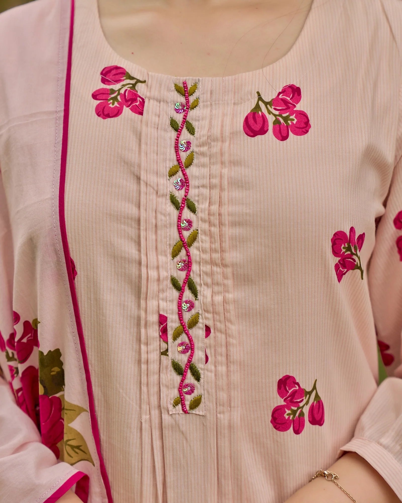 Blush Pink & Yellow Bloom Handwork Mul Cotton Suit