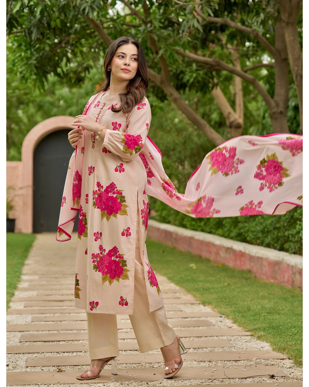Blush Pink & Yellow Bloom Handwork Mul Cotton Suit