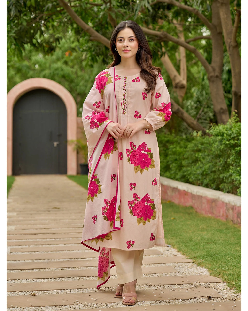 Blush Pink & Yellow Bloom Handwork Mul Cotton Suit