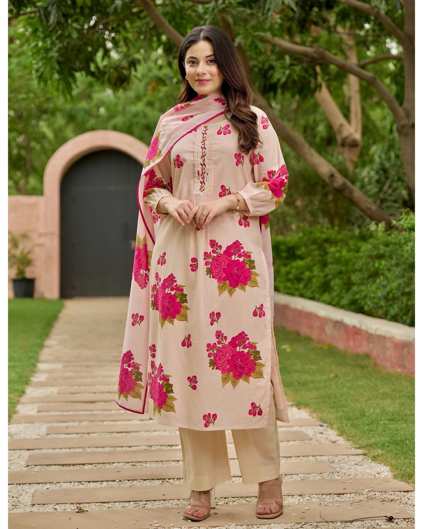 Blush Pink & Yellow Bloom Handwork Mul Cotton Suit