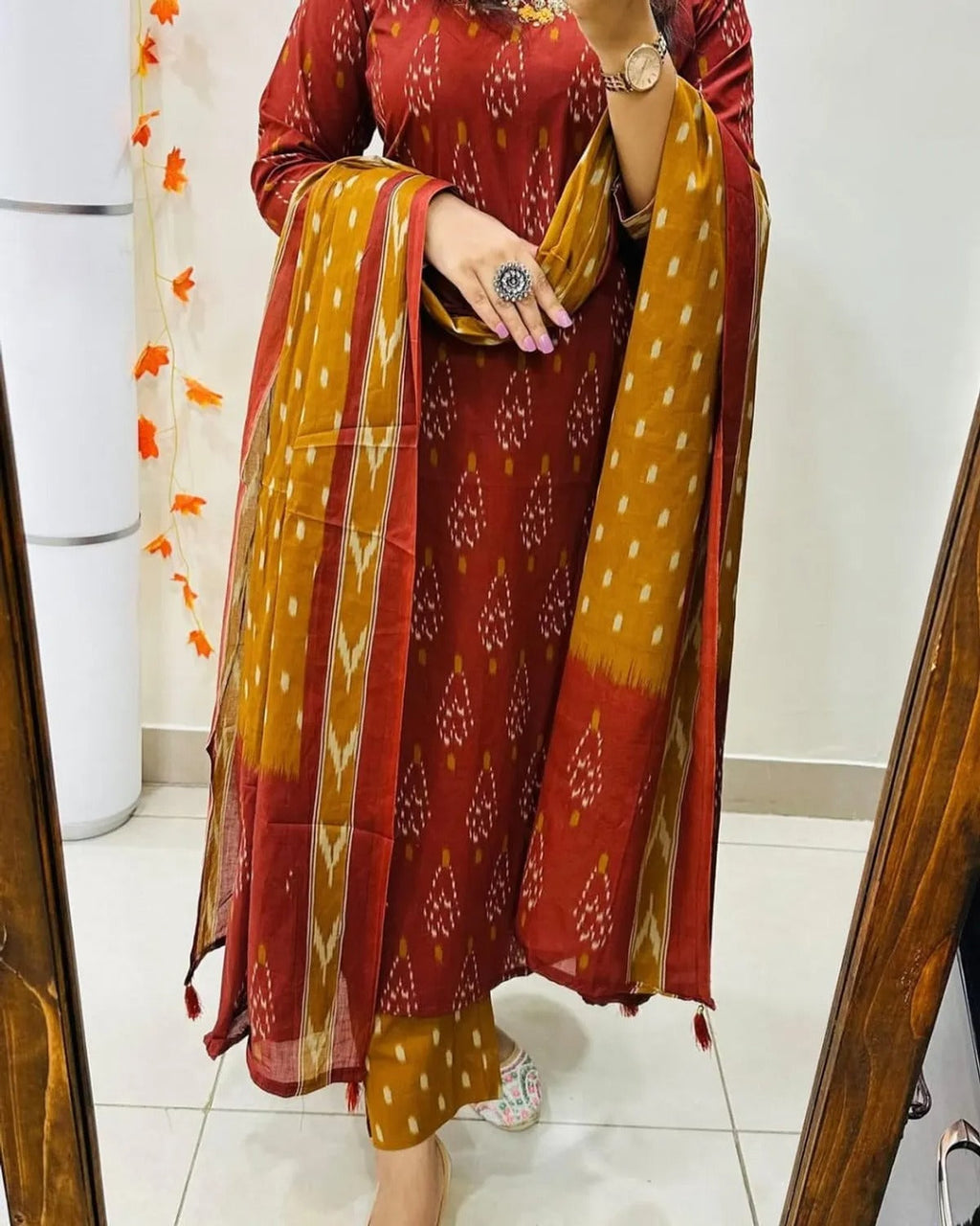 Elegant Ikat Print Kurti Set With Dupatta