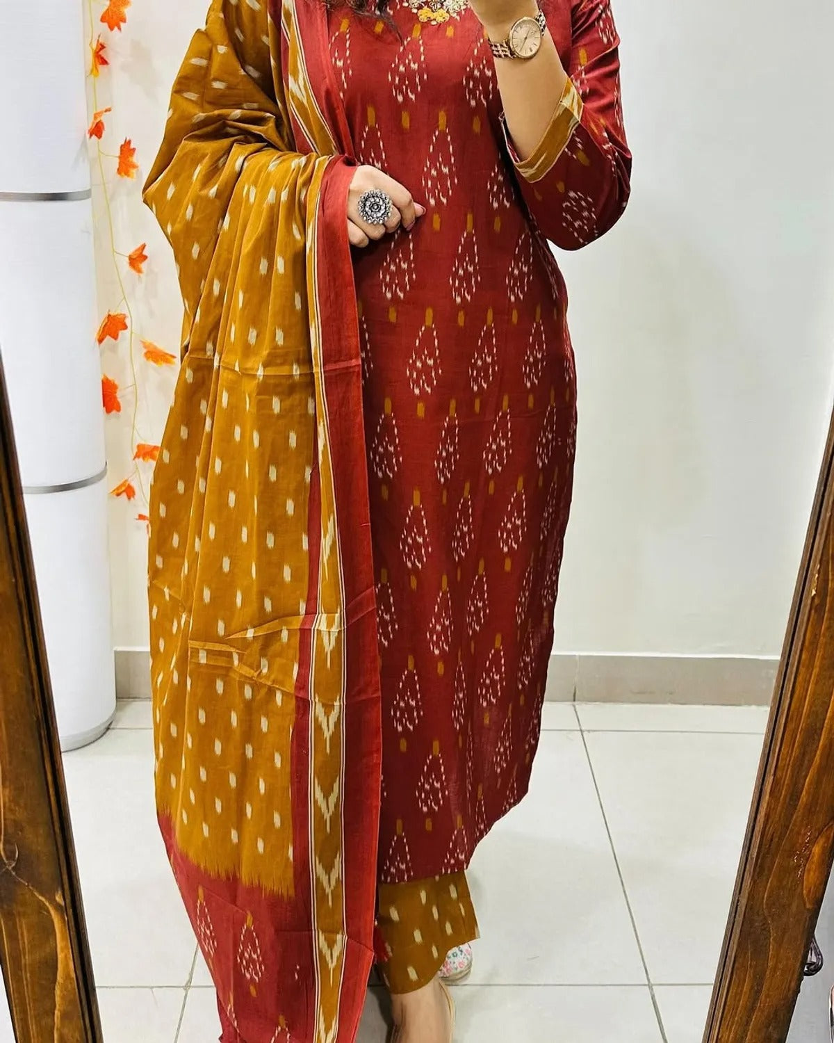 Elegant Ikat Print Kurti Set With Dupatta