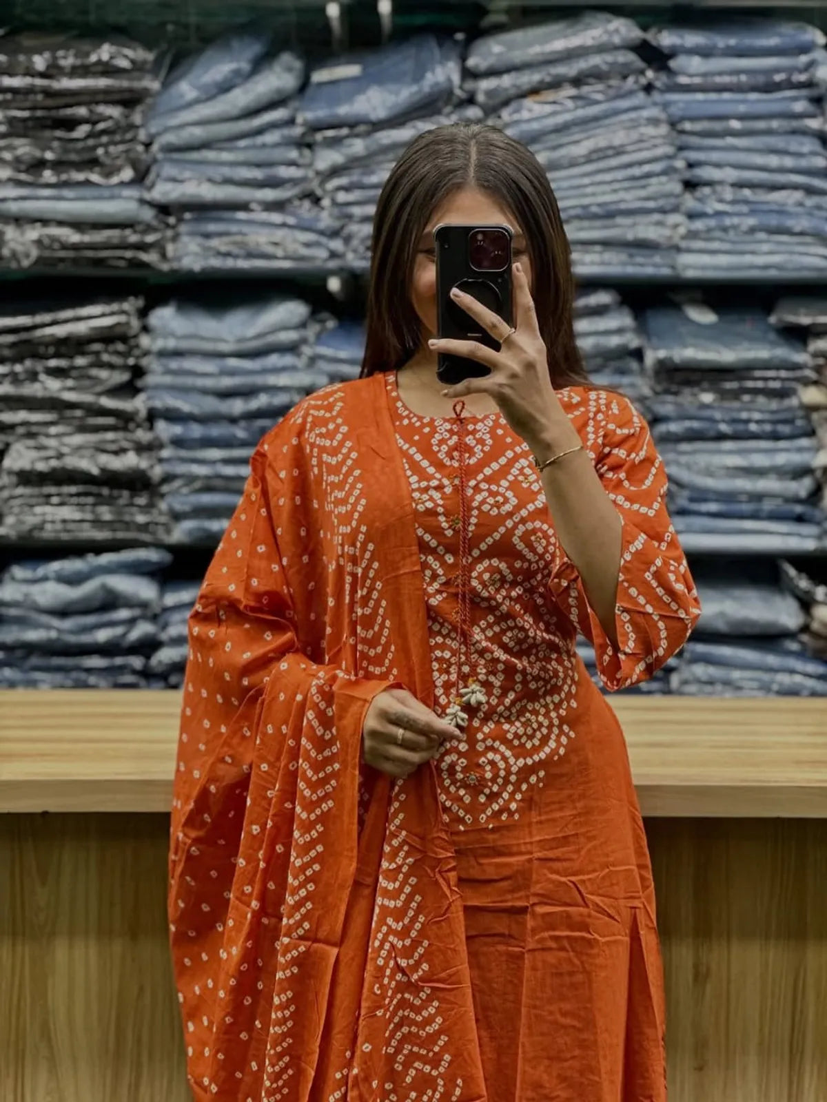 Orange Bandhani A-Line Kurta Set with Palazzo