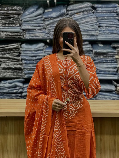 Orange Bandhani A-Line Kurta Set with Palazzo