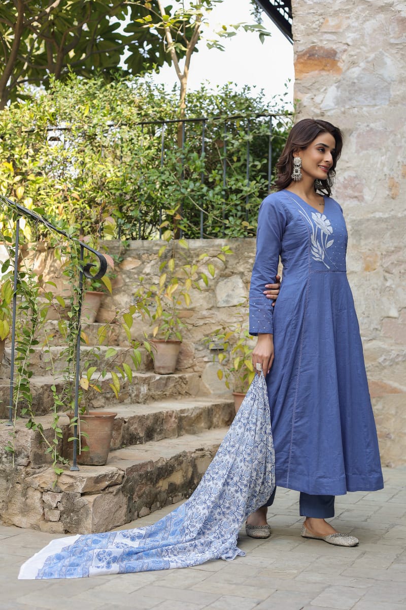 Beautiful Floral Embroidered Blue Cotton Kurta Suit Set with Dupatta