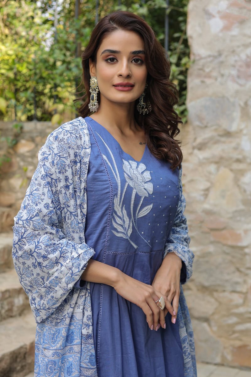 Beautiful Floral Embroidered Blue Cotton Kurta Suit Set with Dupatta