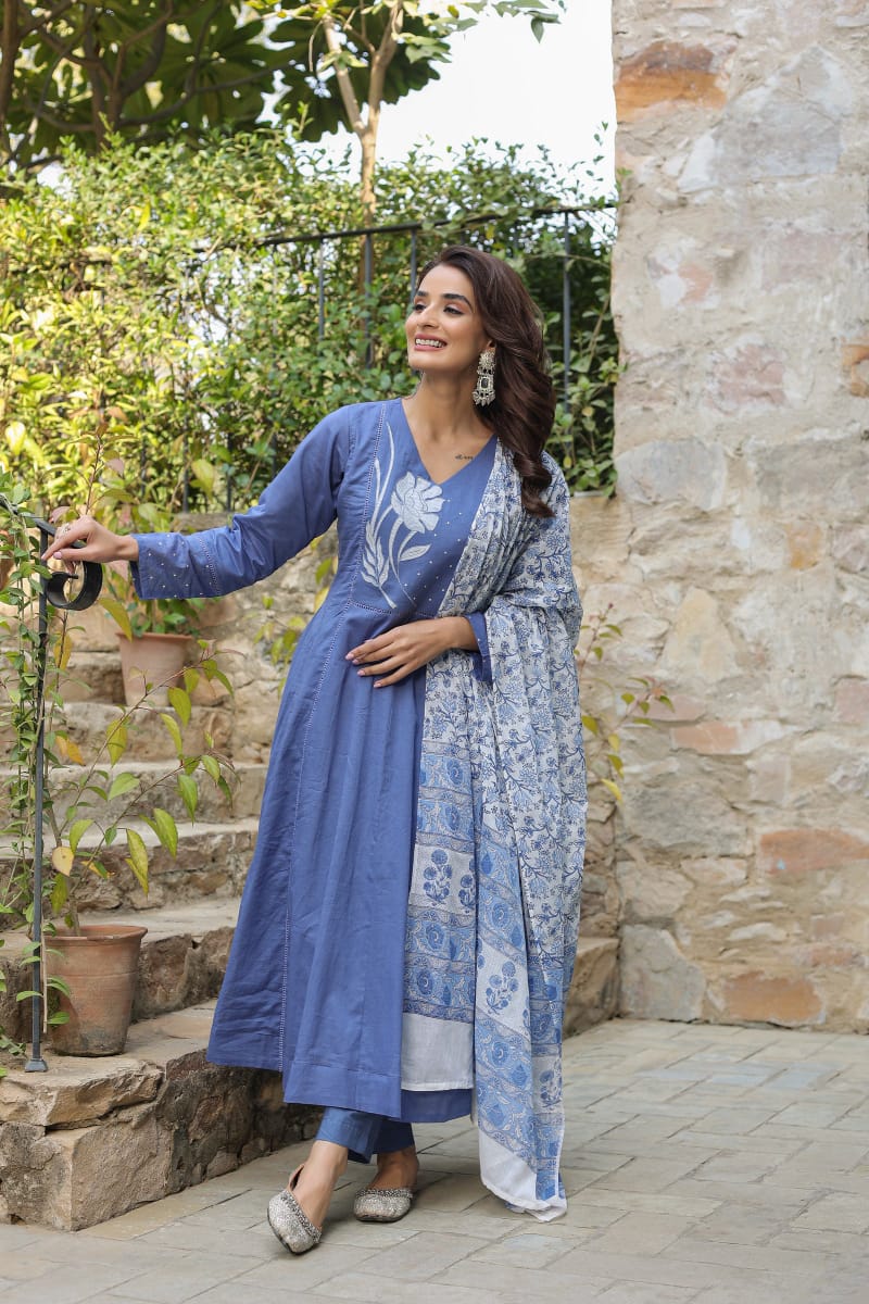 Beautiful Floral Embroidered Blue Cotton Kurta Suit Set with Dupatta