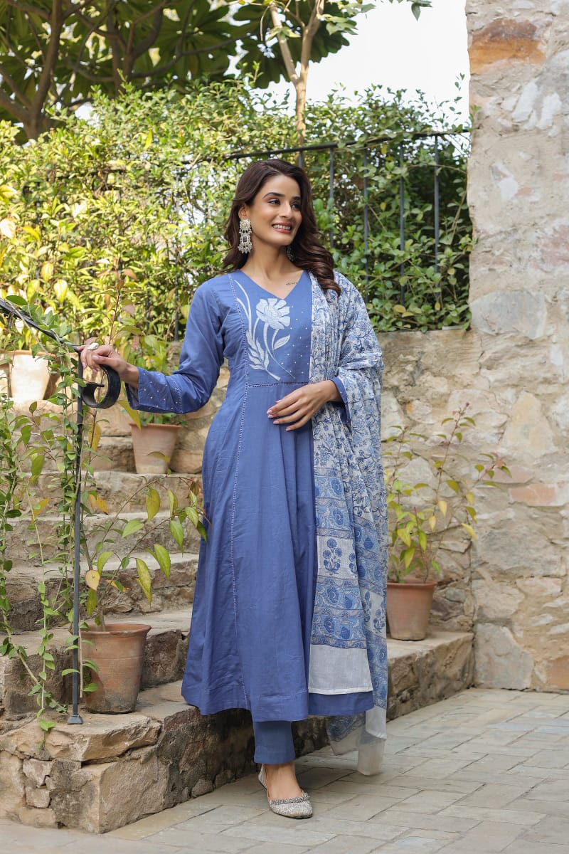 Beautiful Floral Embroidered Blue Cotton Kurta Suit Set with Dupatta