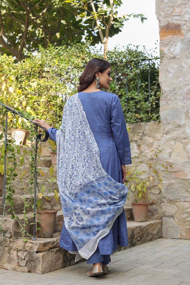 Beautiful Floral Embroidered Blue Cotton Kurta Suit Set with Dupatta