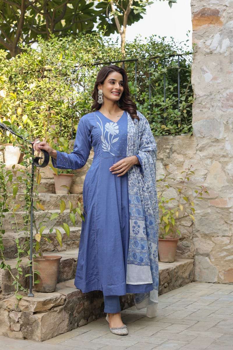Beautiful Floral Embroidered Blue Cotton Kurta Suit Set with Dupatta