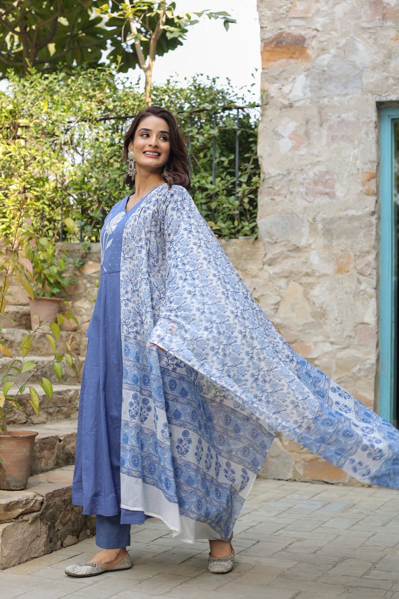 Beautiful Floral Embroidered Blue Cotton Kurta Suit Set with Dupatta