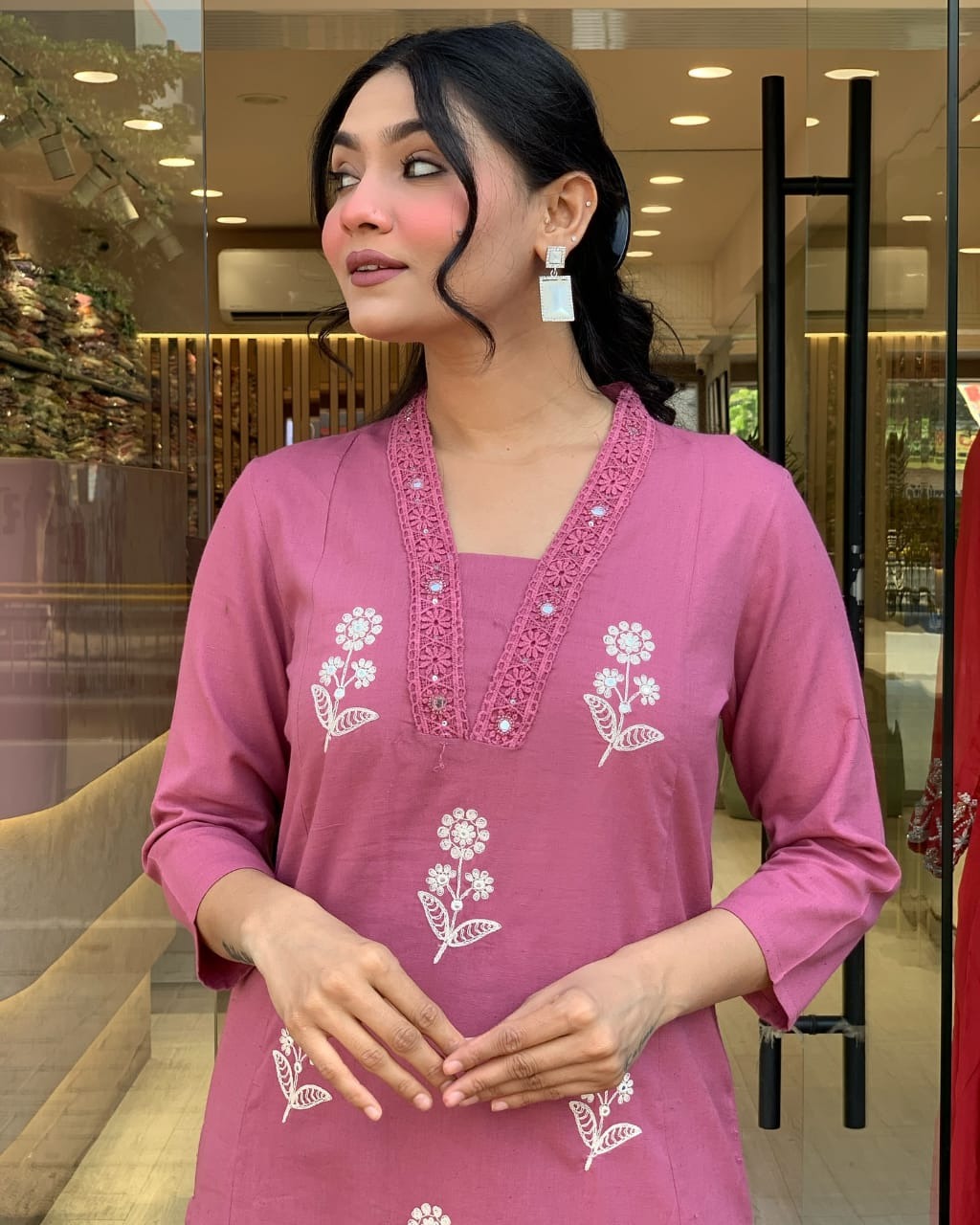 Rose Pink Kurti Set with Floral Embroidery
