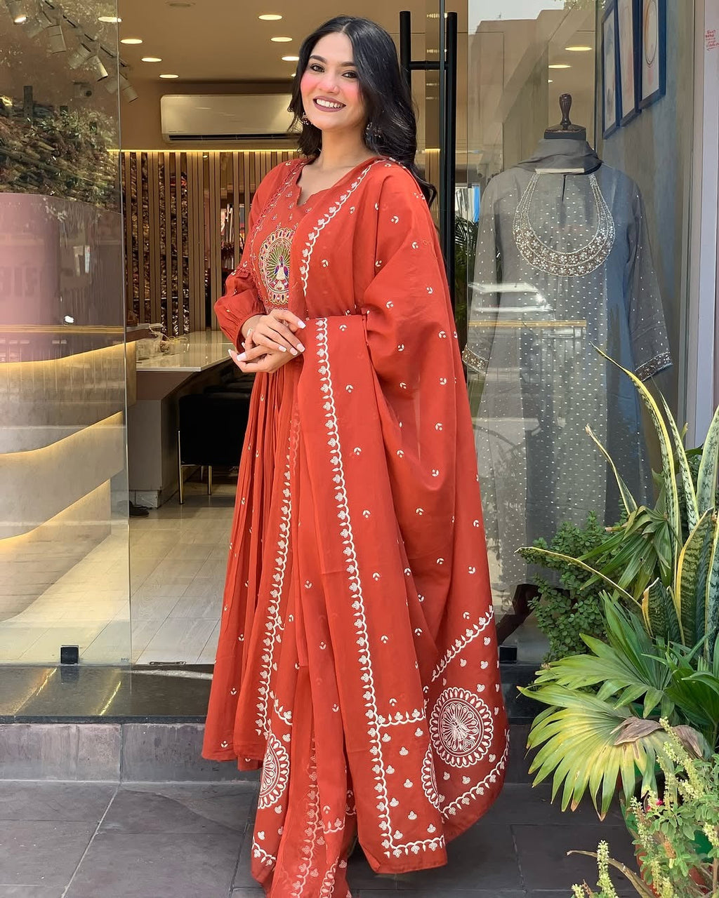 JK Fashion Terracotta Mirror Work Anarkali Set