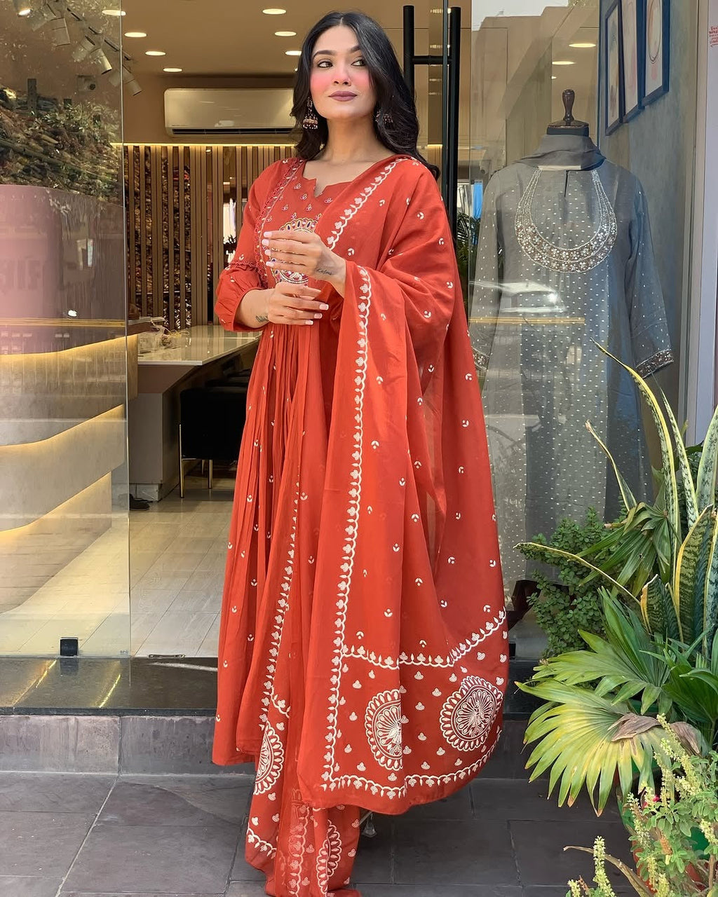 JK Fashion Terracotta Mirror Work Anarkali Set