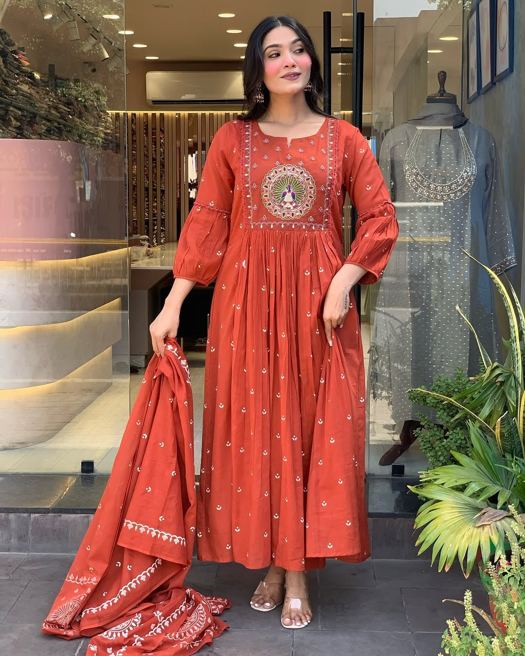 JK Fashion Terracotta Mirror Work Anarkali Set