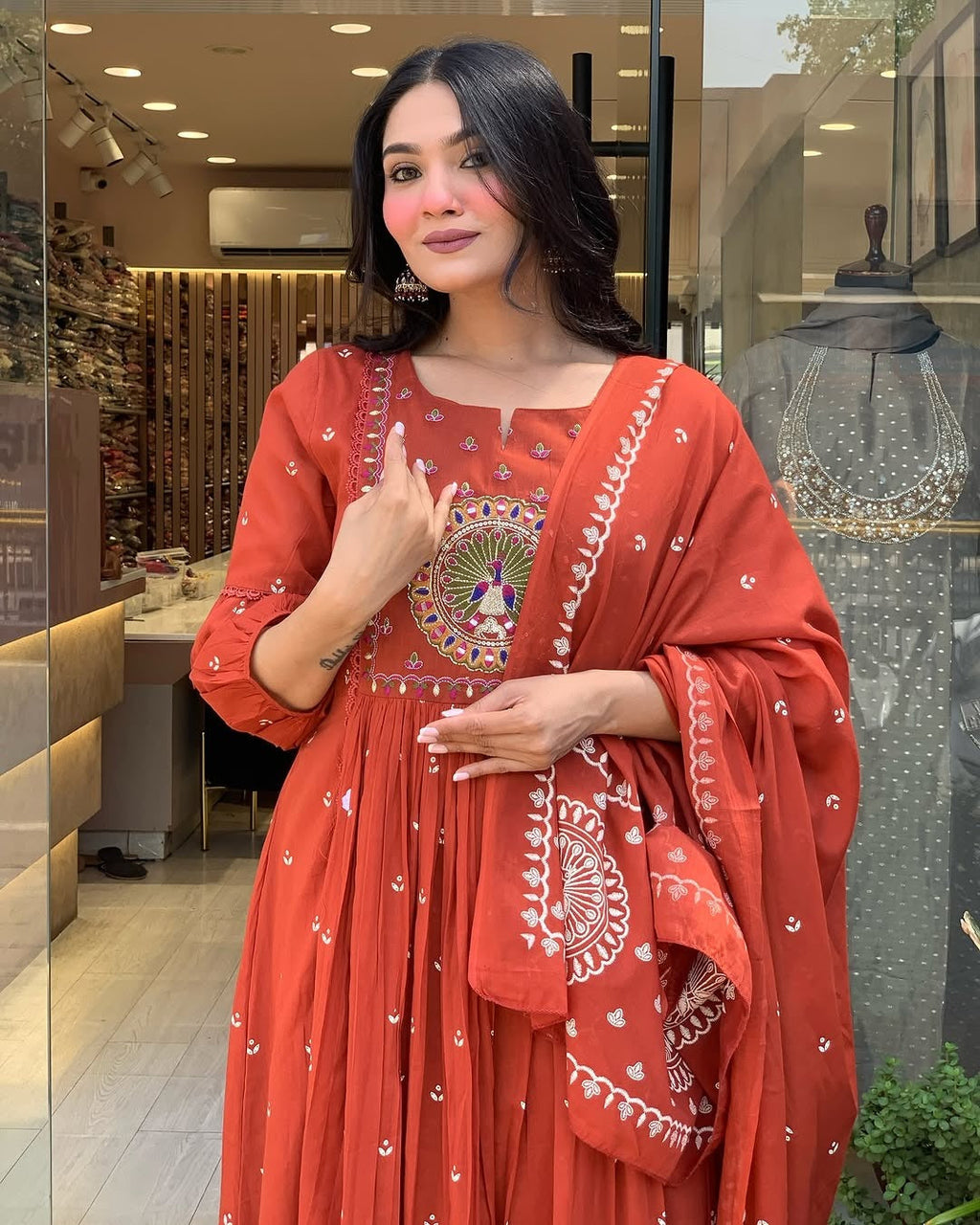 JK Fashion Terracotta Mirror Work Anarkali Set