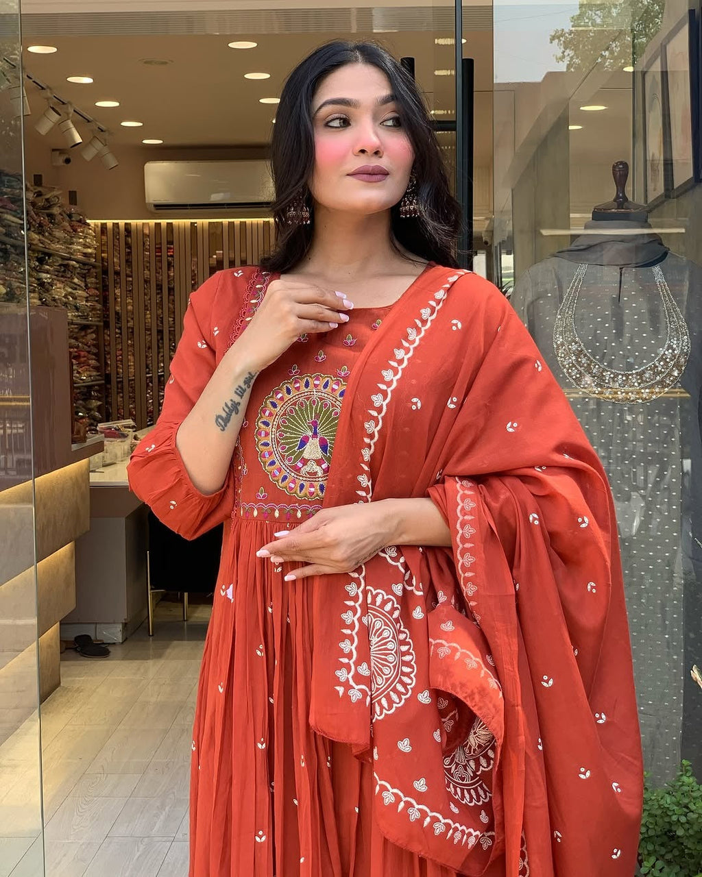 JK Fashion Terracotta Mirror Work Anarkali Set