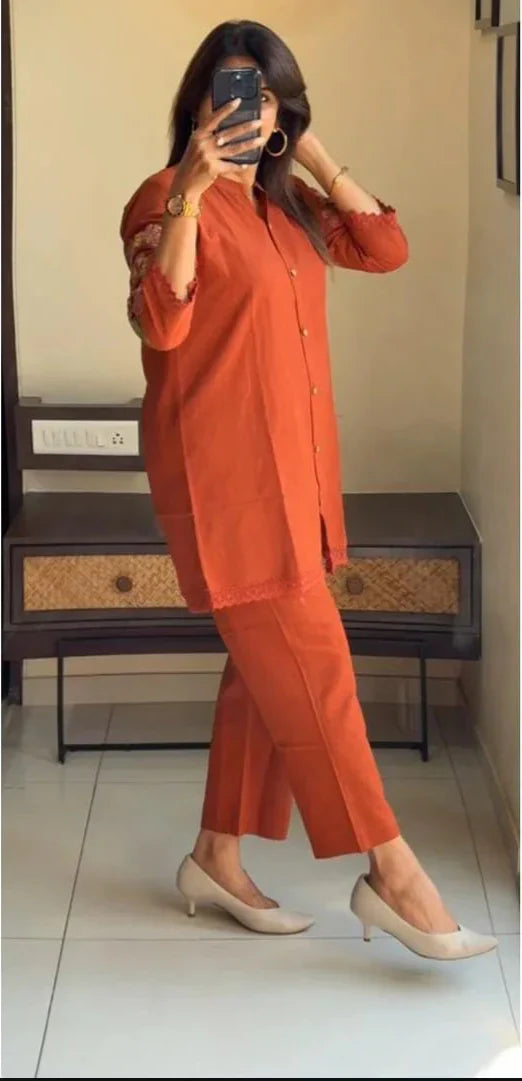 Simple Cotton Rust Embroidered Kurti With Pant