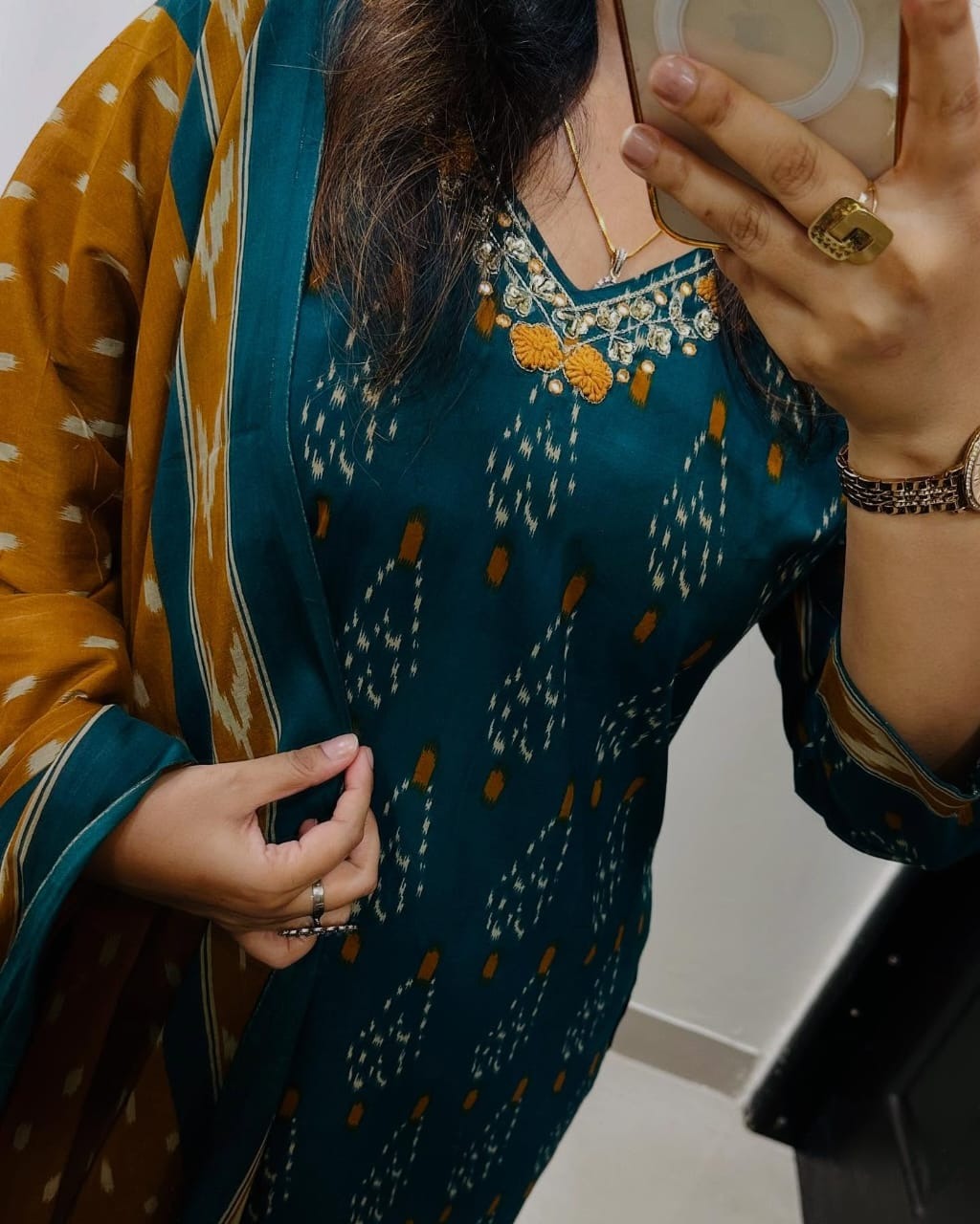 Elegant Teal & Mustard Ikat Print Cotton Suit Set