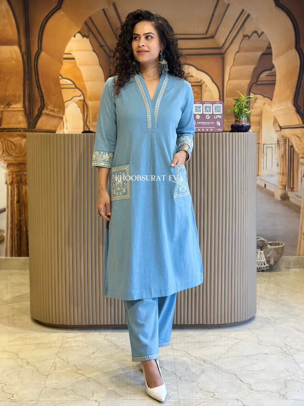 JK Fashion Elegant Sky Blue Embroidered Cotton Kurta Set