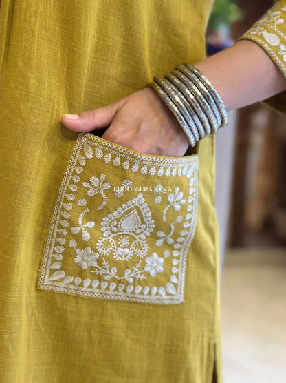 JK Fashion Mustard Yellow Cotton Kurta With White Embroidery