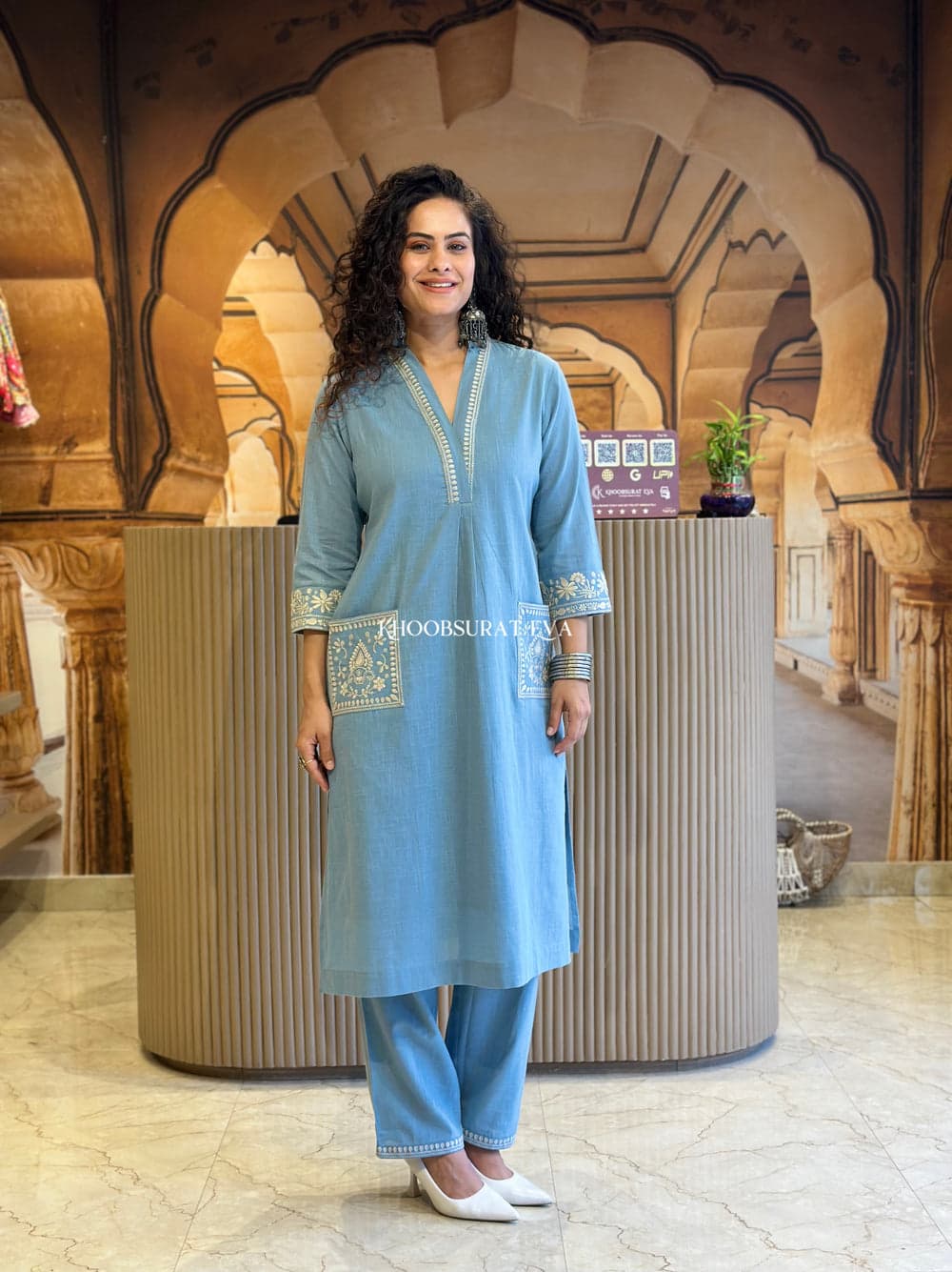 JK Fashion Elegant Sky Blue Embroidered Cotton Kurta Set