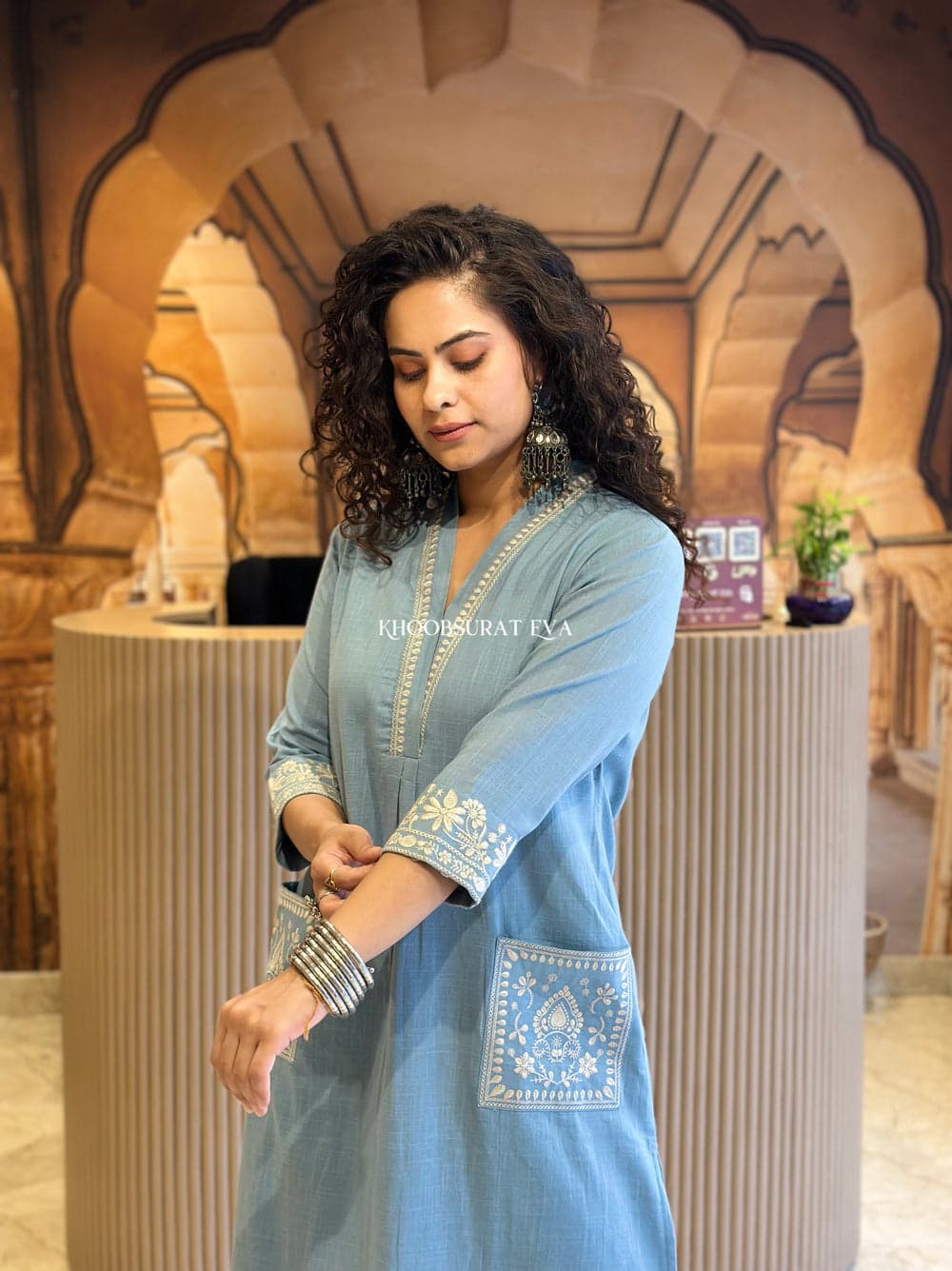 JK Fashion Elegant Sky Blue Embroidered Cotton Kurta Set