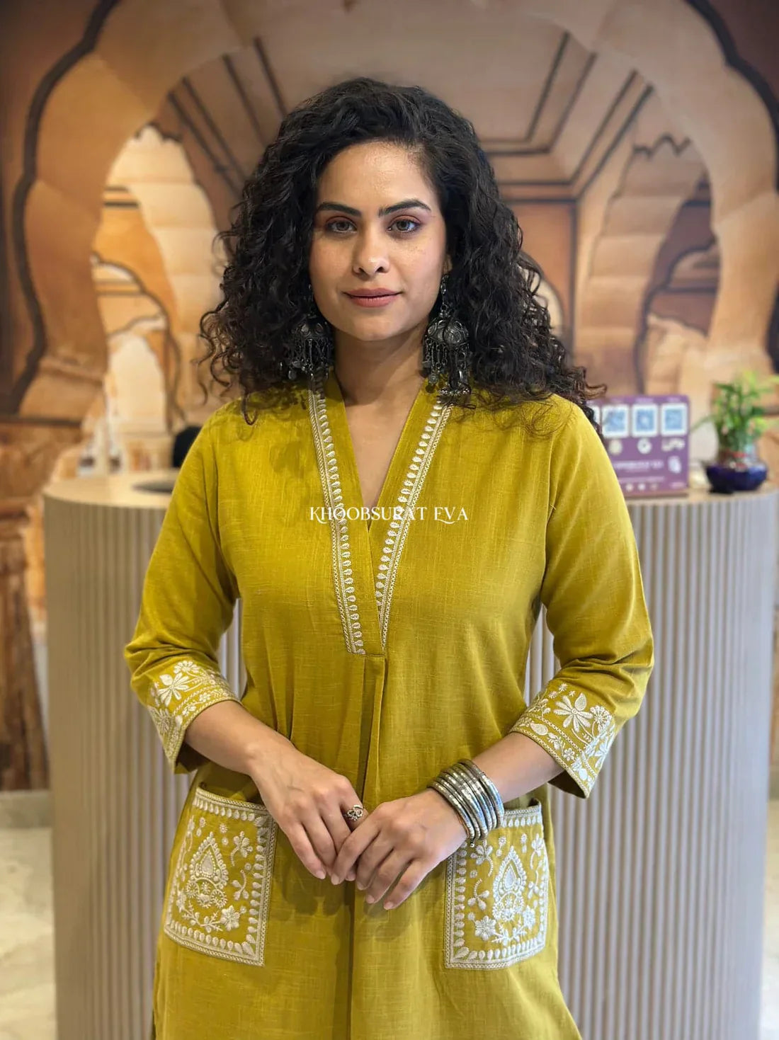 JK Fashion Mustard Yellow Cotton Kurta With White Embroidery