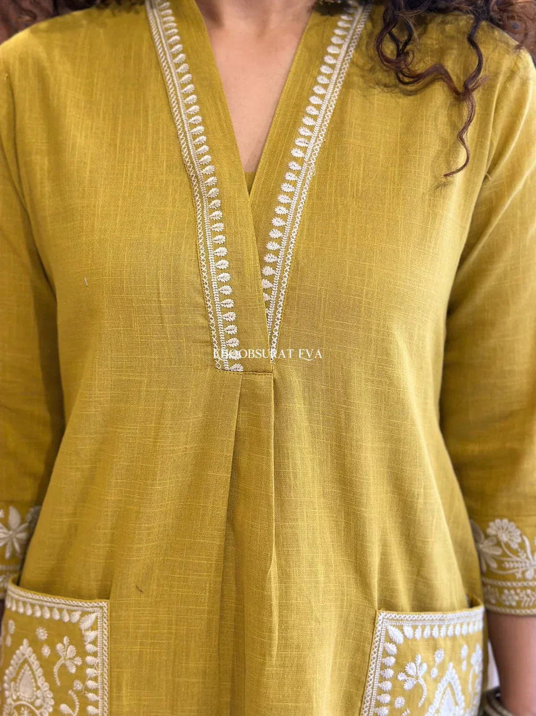 JK Fashion Mustard Yellow Cotton Kurta With White Embroidery
