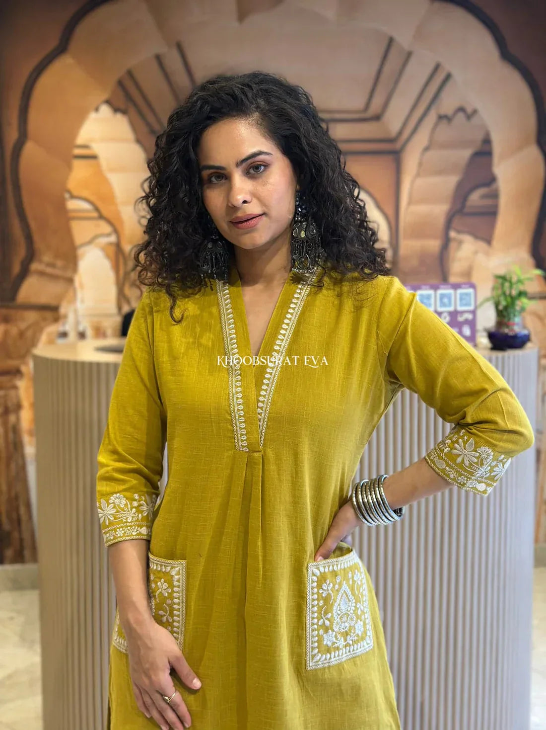 JK Fashion Mustard Yellow Cotton Kurta With White Embroidery