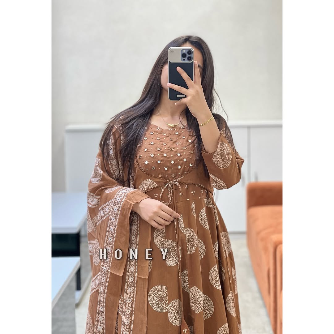 Printed Anarkali with Attached Jacket Brown Detailing with Pants and Dupatta