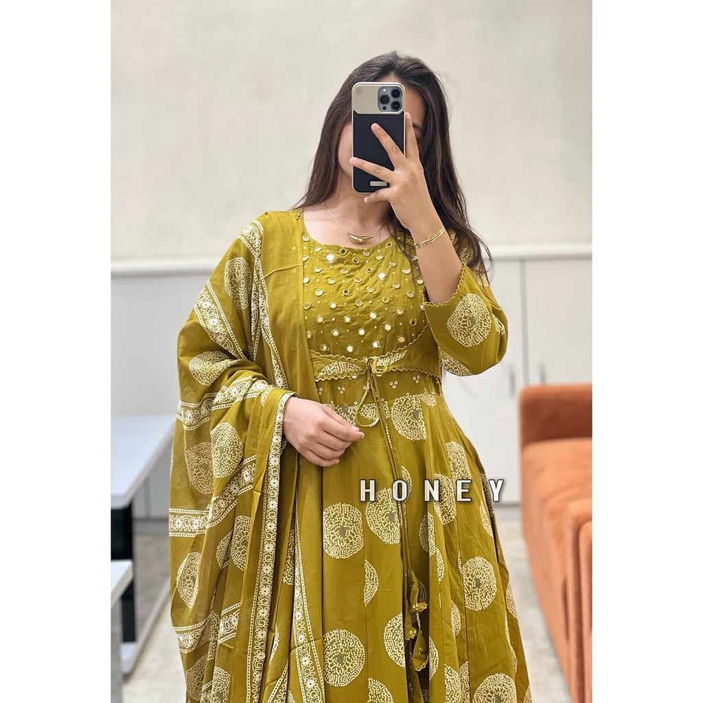 Yellow Cotton Anarkali Set with Jacket & Dupatta