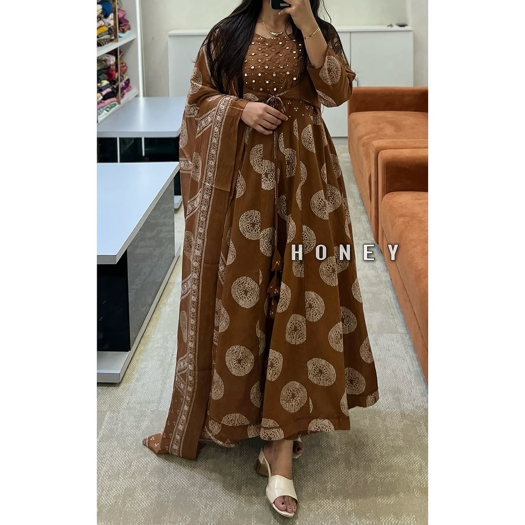 Printed Anarkali with Attached Jacket Brown Detailing with Pants and Dupatta
