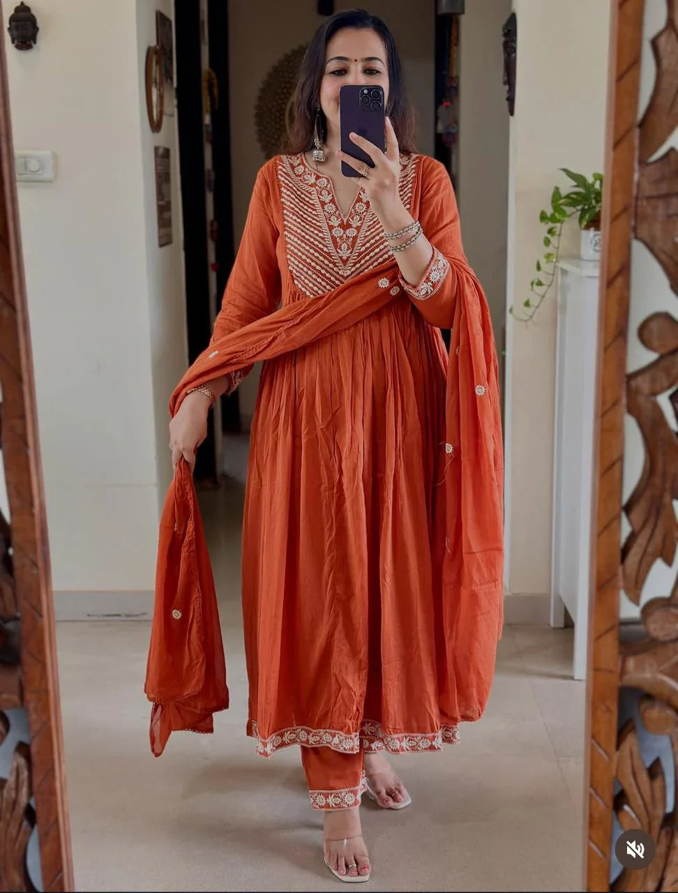 Rust Orange Anarkali Set with Embroidery & Dupatta