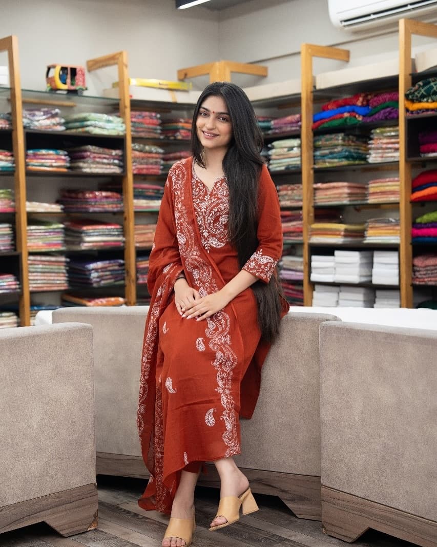 Premium Embroidered Cotton Kurti, Pants and Dupatta Set