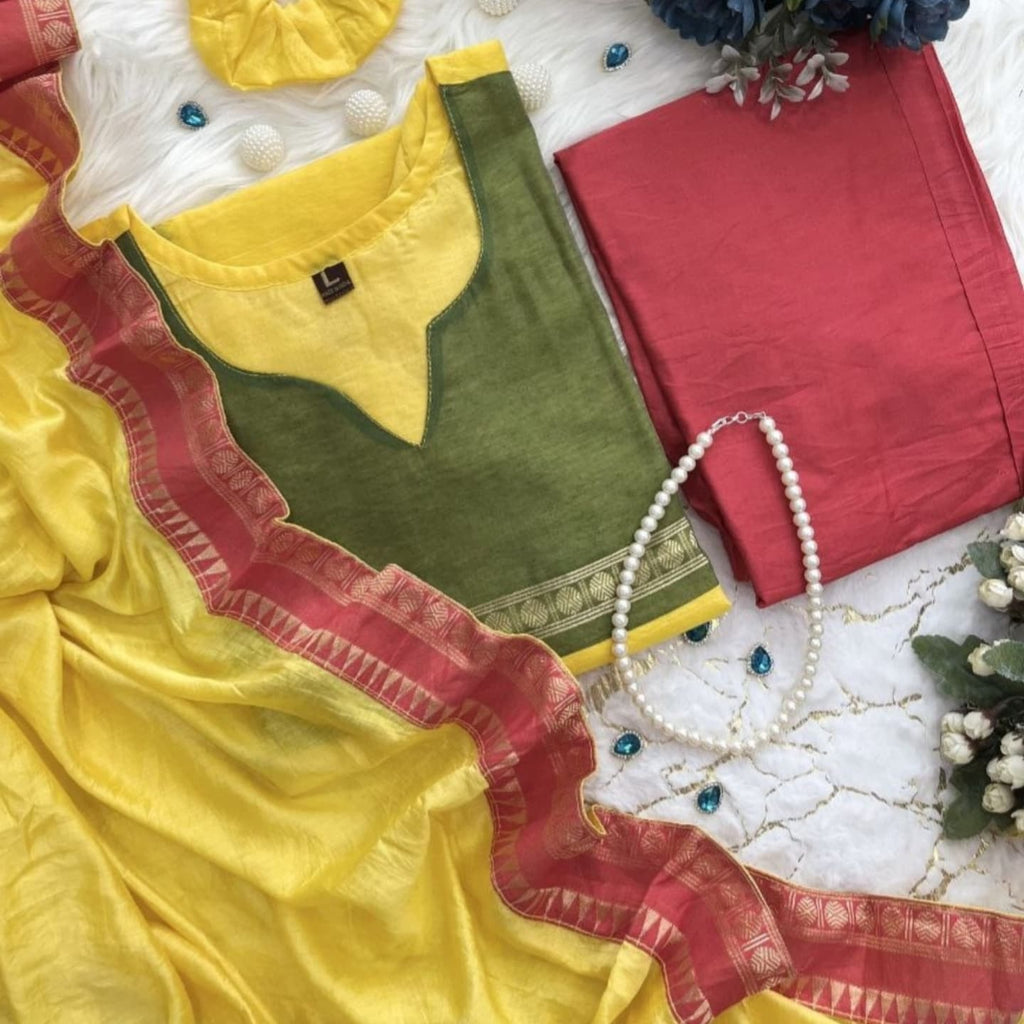 Elegant Kanchi Cotton Suit Set With Jacquard Dupatta