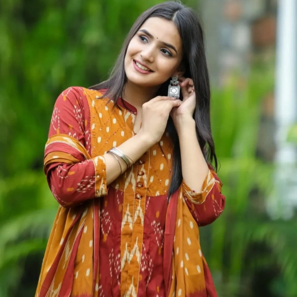 Ikkat Print Stylish Kurti With Pant And Dupatta Set