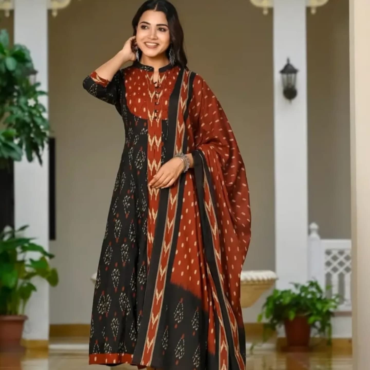 Ikkat Anarkali Kurti With Pant And Dupatta Set