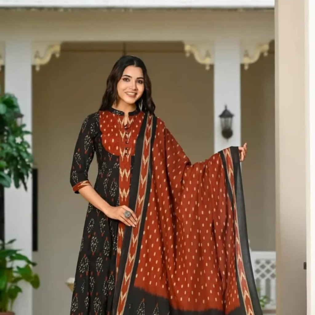 Ikkat Anarkali Kurti With Pant And Dupatta Set