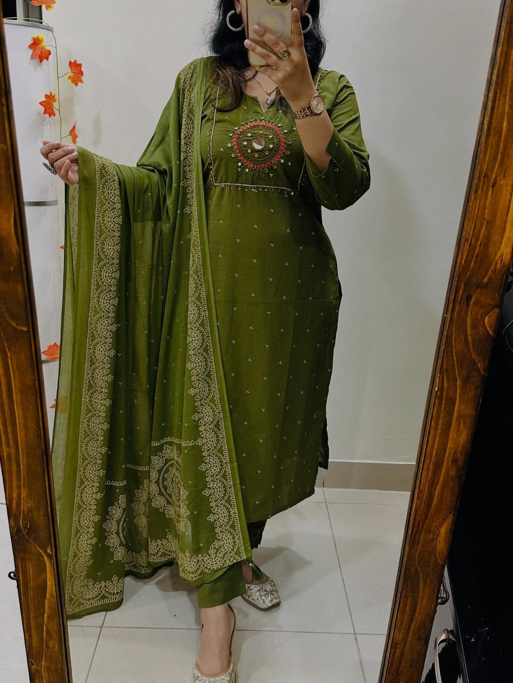 Green Discharge Print Kurti With Pant And Dupatta Set