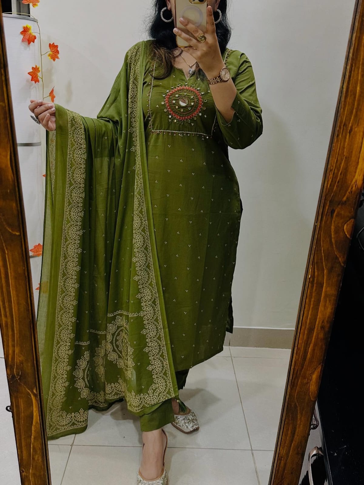 Green Discharge Print Kurti With Pant And Dupatta Set