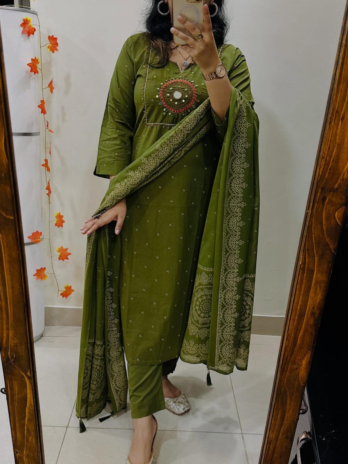 Green Discharge Print Kurti With Pant And Dupatta Set