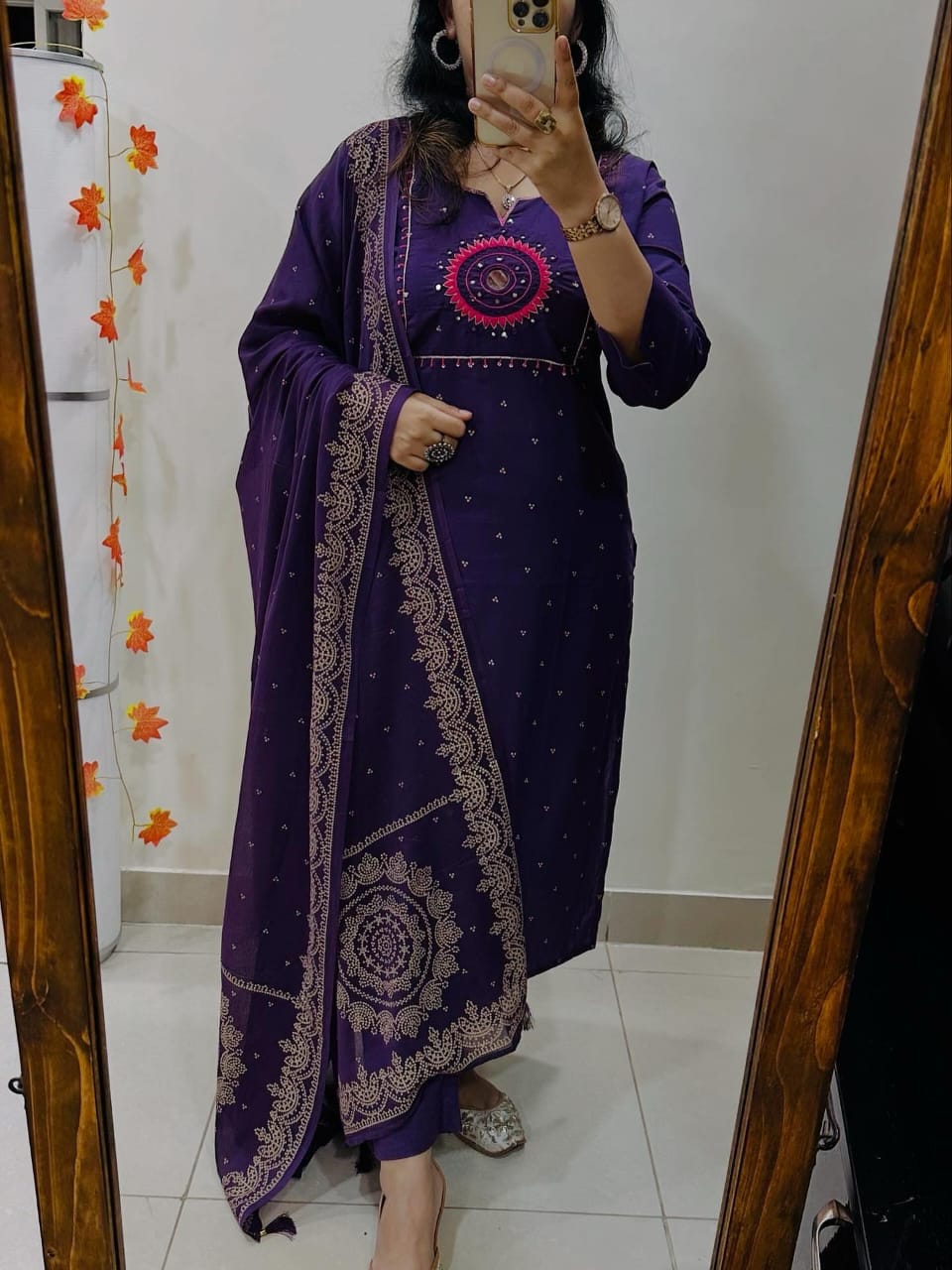 Purpal Discharge Print Kurti With Pant And Dupatta Set