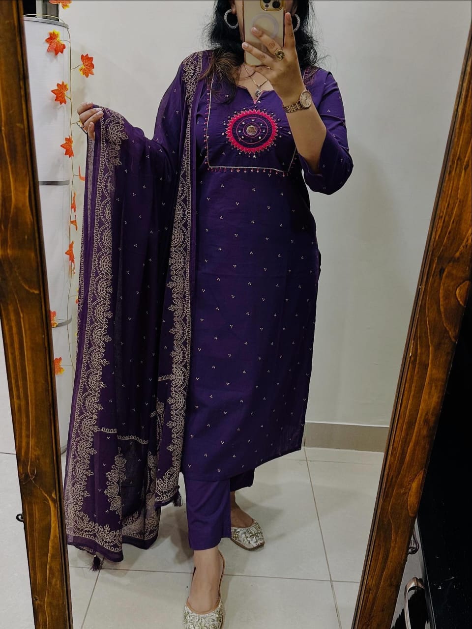 Purpal Discharge Print Kurti With Pant And Dupatta Set